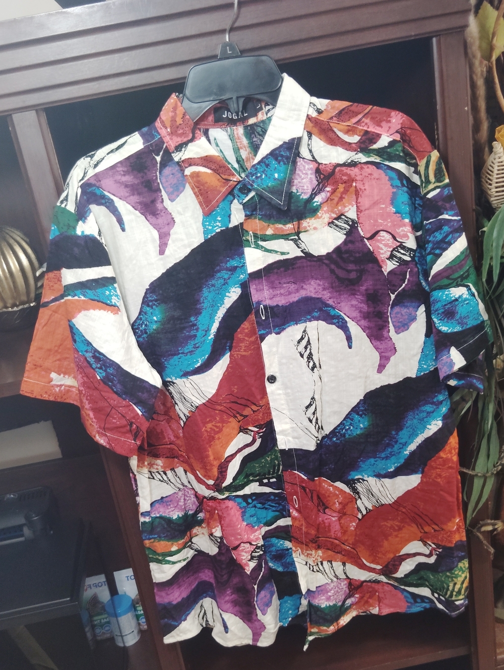 Short-Sleeve Multicolor Abstract Print Button-Down Shirt